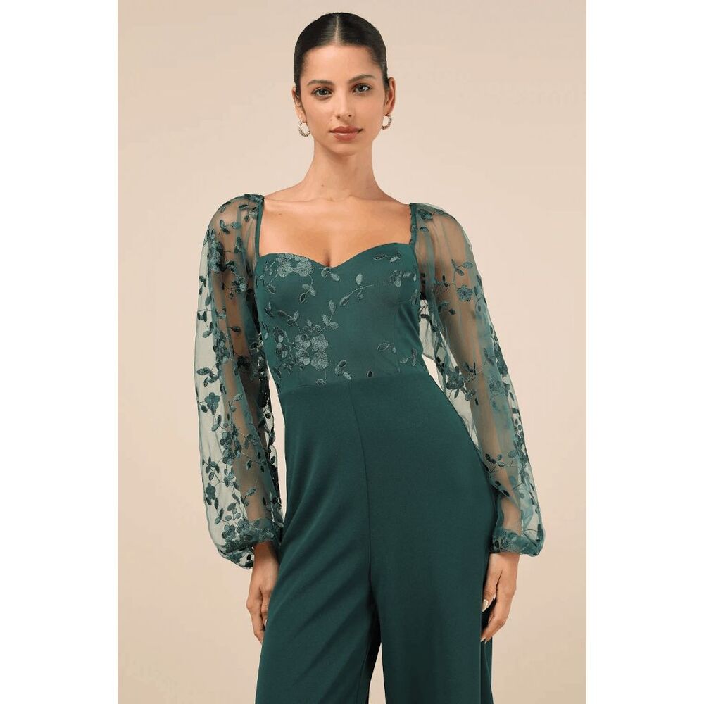 NWT Lulus Darling Charisma Emerald Green Mesh Embroidered Jumpsuit Size Small - Picture 2 of 4